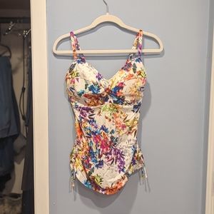 FINAL PRICE FANTASIE White Tropical Twist Ruched Adjustable Tankini Swimsuit Top